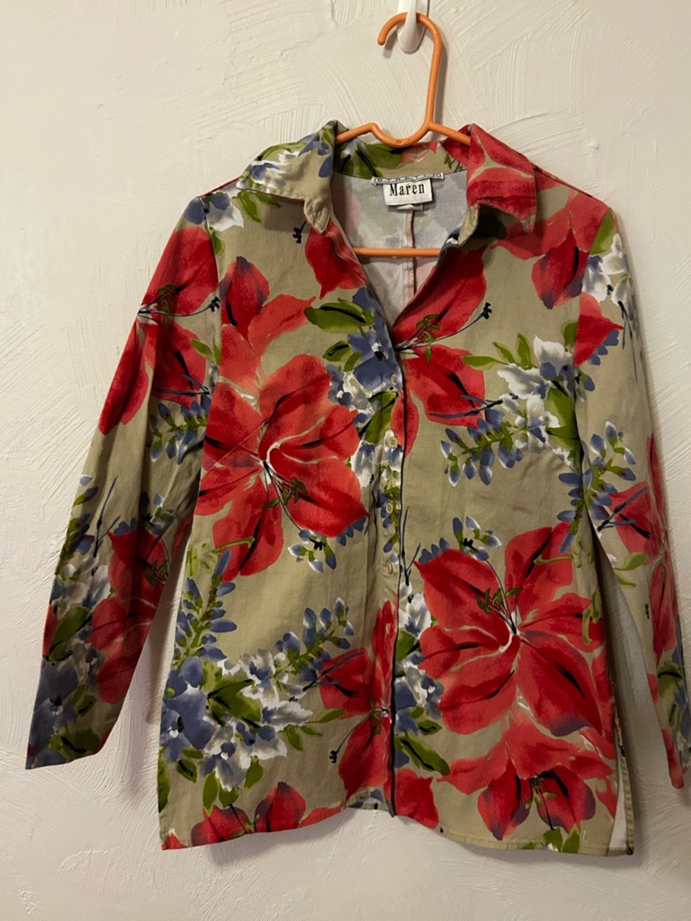 Vintage Maren Floral Button-Up Shirt/Jacket in Pink  & Blue Stretch Sz Large
